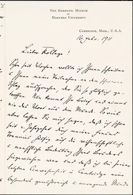Francke, Kuno, 1855-1930 autograph letter signed to Hugo Münsterberg, Cambridge, Mass., 16 February 1911