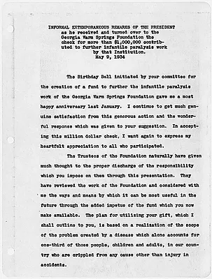 Extemporary remarks of the President after receiveing donation from Georgia Warm Springs Foundation