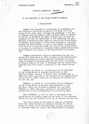 Press Release, Proclamation 2963, Copyright Extension: Denmark