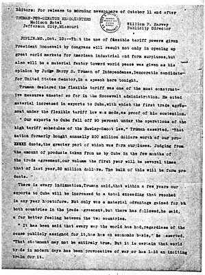 Press Release, Truman for Senator State Headquarters