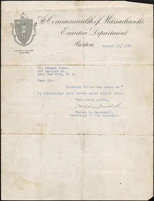 Herman A. MacDonald (Executive Department. Commonwealth of Massachusetts) typed note signed to Edward Jones, Boston, Mass., August 16, 1927