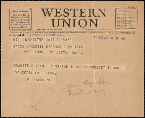 F. Gabelloni telegram to Sacco-Vanzetti Defense Committee, Chester, Mass., August 22, 1927