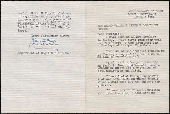 Jeannette Marks typed letter signed to Sacco-Vanzetti Defense Committee, South Hadley, Mass., April 8, 1927