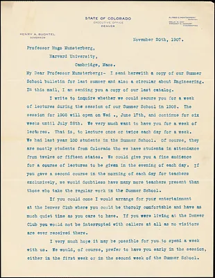 Buchtel, Henry Augustus, 1847-1924 typed letter signed to Hugo Münsterberg, Denver, Col., 20 November 1907