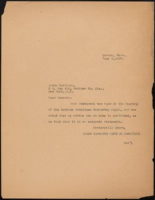Sacco-Vanzetti Defense Committee typed note (copy) to Sadie L. Robinson, Boston, Mass., June 4, 1927