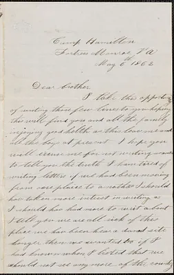 Letter from John Jubb, Camp Hamilton, Fortress Monroe Va., to William Jubb, West Chelmsford, Mass., May 6, 1862