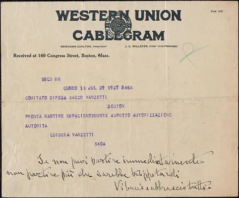 Luiggia Vanzetti [Luigia] telegram, in Italian, to Sacco-Vanzetti Defense Committee, Cuneo, Italy, July 13, 1927