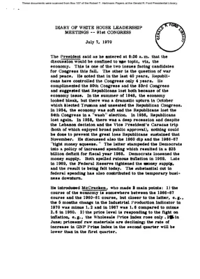 White House - Congressional Leadership Meeting, 7/7/70 (includes minutes)