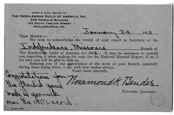 Acknowledgment Card from the Needlework Guild of America to Bess W. Truman