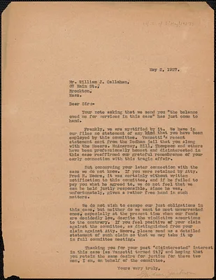 Gardner Jackson typed letter signed (copy) to William Callahan, Boston, Mass., May 2, 1927