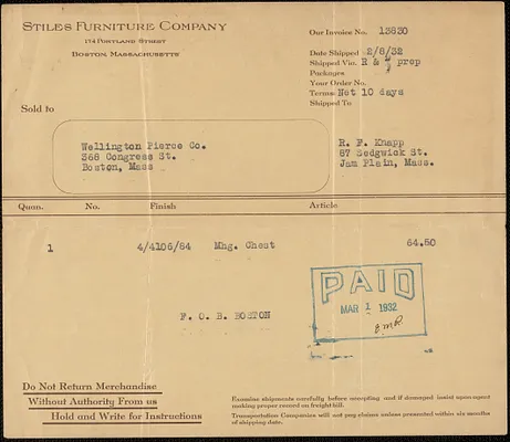 Receipt from Stiles Furniture Company for R. F. Knapp, Mar 1, 1932