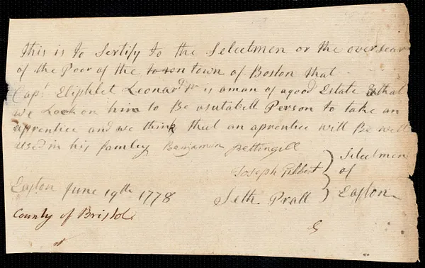 Sarah White indentured to apprentice with Eliphalet [Eliphlet] Leonard, Jr. of Easton, 25 June 1778