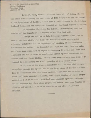 Louis Post telegram (copy) to Citizens National Committee for Sacco and Vanzetti, [Washington, D. C.], August 16, 1927