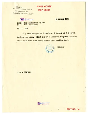 White House Map Room Message from Secretary of War Henry Stimson to President Harry S. Truman