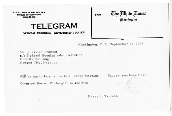 Telegram from President Harry S. Truman to J. Vivian Truman