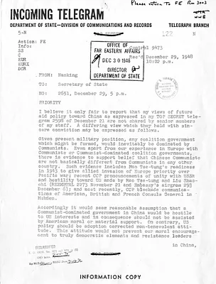Telegram from John Leighton Stuart to Secrertary of State George C. Marshall