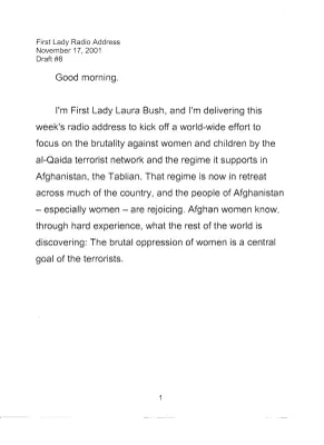 Statement used by First Lady Laura Bush to deliver a radio address about the treatment of women and children by the Taliban in Afghanistan