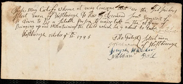 Thomas Smith indentured to apprentice with Samuel [Sam] Gamwell of Westborough, 21 October 1746