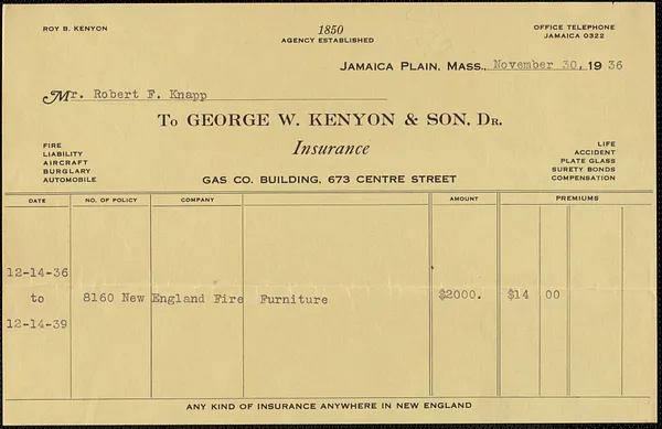 Insurance document from George W. Kenyon & Son, Dr., for Mr. Robert F. Knapp, November 30, 1936