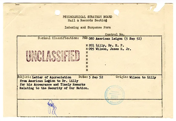 Indexing and Suspense Form re Letter to Dr. E. P. Lilly from American Legion, with Attachment