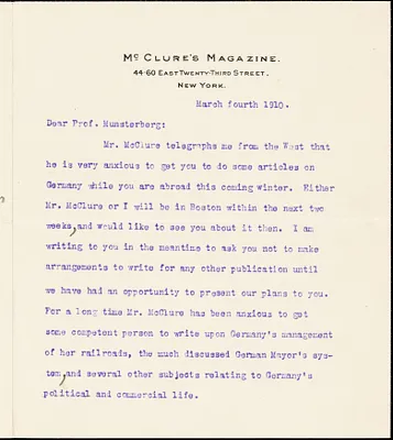 Cather, Willa Sibert, 1873-1947 typed letter signed to Hugo Münsterberg, New York, 4 March 1910