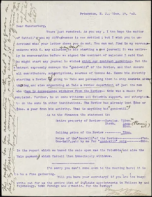 Baldwin, James Mark, 1861-1934 typed letter signed to Hugo Münsterberg, Princeton, N.J., 19 December 1903