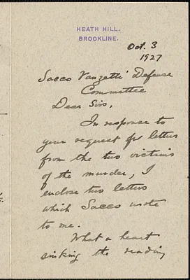 Robert W. Atkinson autograph letter signed to Sacco-Vanzetti Defense Committee, Brookline, Mass., October 3, 1927