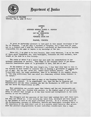 Address by Attorney General Robert F. Kennedy at the Law Day Ceremonies of the Virginia State Bar May 1, 1962