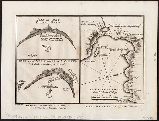 Isle de May ; Veue de l'isle de S. Jago ou St. Jacques, Ville S. Jago ou Ribeyro Grande ; Le havre de Praya dans l'isle de St. Jago