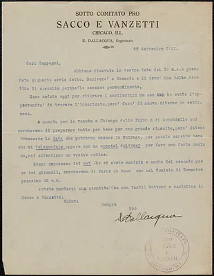 E. Dallacqua (Sotto Comitato Pro Sacco e Vanzetti) typed letter signed, in Italian, to Sacco-Vanzetti Defense Committee, Chicago, Ill., September 22, 1921