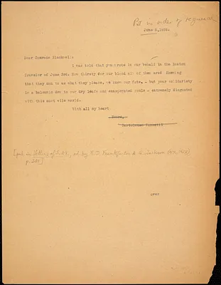 Bartolomeo Vanzetti typed note (copy) to Alice Stone Blackwell, [Charlestown], 5 June 1926 ; Bartolomeo Vanzetti typed note to Alice Stone Blackwell, [Charlestown], 21 May 1926