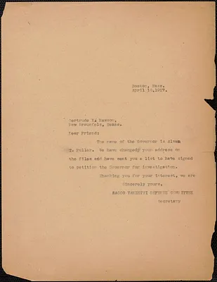 Sacco-Vanzetti Defense Committee typed note (copy) to Gertrude K. Rawson, Boston, Mass., April 18, 1927