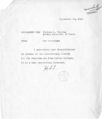 Correspondence Between President Harry S. Truman and Acting Secretary of State Will Clayton, with Attached Memorandum of Conversation