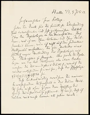 Krueger, Felix, 1874-1948 autograph letter signed to Hugo Münsterberg, Halle a/S., 9 July 1912