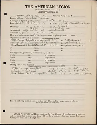 American Legion military record of Horace Sears Kenney