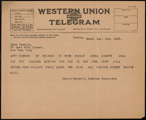 Sacco-Vanzetti Defense Committee telegram (copy) to Rose Pesotta, Boston, Mass., April 3, 1923