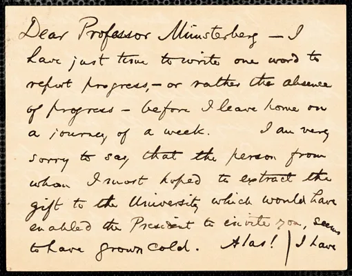 James, William, 1842-1910 autograph note signed to Hugo Münsterberg, Cambridge, Mass., 5 April 1892