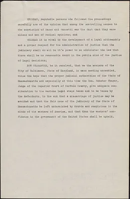 Baltimore workers typed resolution (copy) to Webster Thayer, Baltimore, Md., [August 1927]