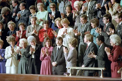 Nancy Reagan with Lenny Skutnik during President Ronald Reagan's Address to the Joint Session of Congress on the State of the Union in the United States Capitol
