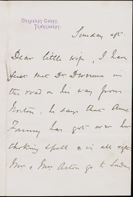 [John Biddulph Martin] autograph note to [Victoria Woodhull Martin], Tewkesbury, [England], approximately 1883-1897
