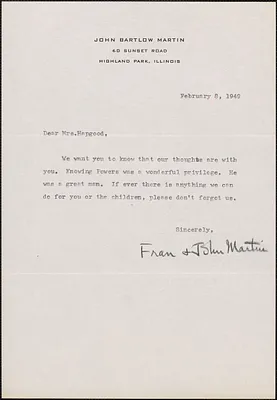 John and Fran B. Martin typed note signed to [Mary Donovan] Hapgood, Highland Park, Ill., February 8, 1949