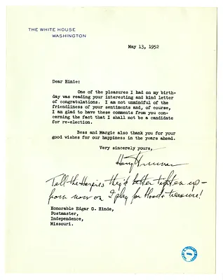 Letter from Harry S. Truman to Edgar Hinde