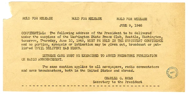 Instructions to Press Regarding Release of Address by President Harry S. Truman