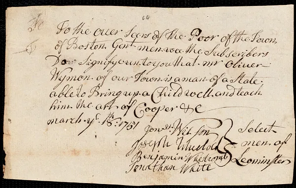 Simeon Pery indentured to apprentice with Oliver Wyman of Leominster, 30 April 1751