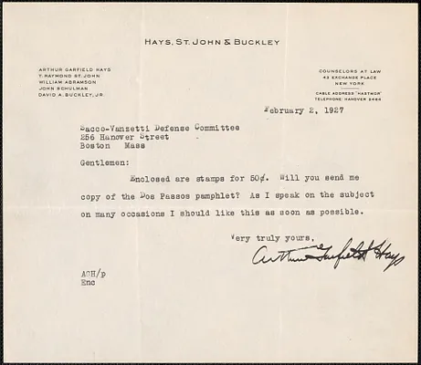Arthur Garfield Hays typed note signed to Sacco-Vanzetti Defense Committee, New York, N.Y., February 2, 1927
