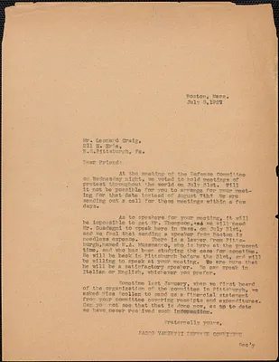 Sacco-Vanzetti Defense Committee typed letter (copy) to Leonard Craig (Sacco-Vanzetti Defense Committee of Western Pennsylvania), Boston Mass., July 8, 1927
