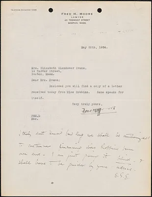 Fred H. Moore typed note signed to Elizabeth Glendower Evans, Boston, Mass., May 20, 1924