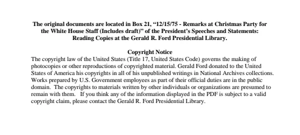 12/15/75 - Remarks at Christmas Party for the White House Staff (Includes draft)