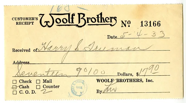 Receipt from Woolf Brothers to Harry S. Truman