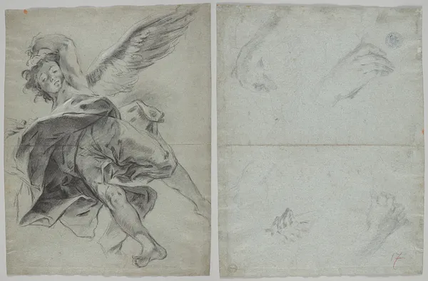 A Flying Angel (recto); Studies of Hands Playing Instruments (verso)